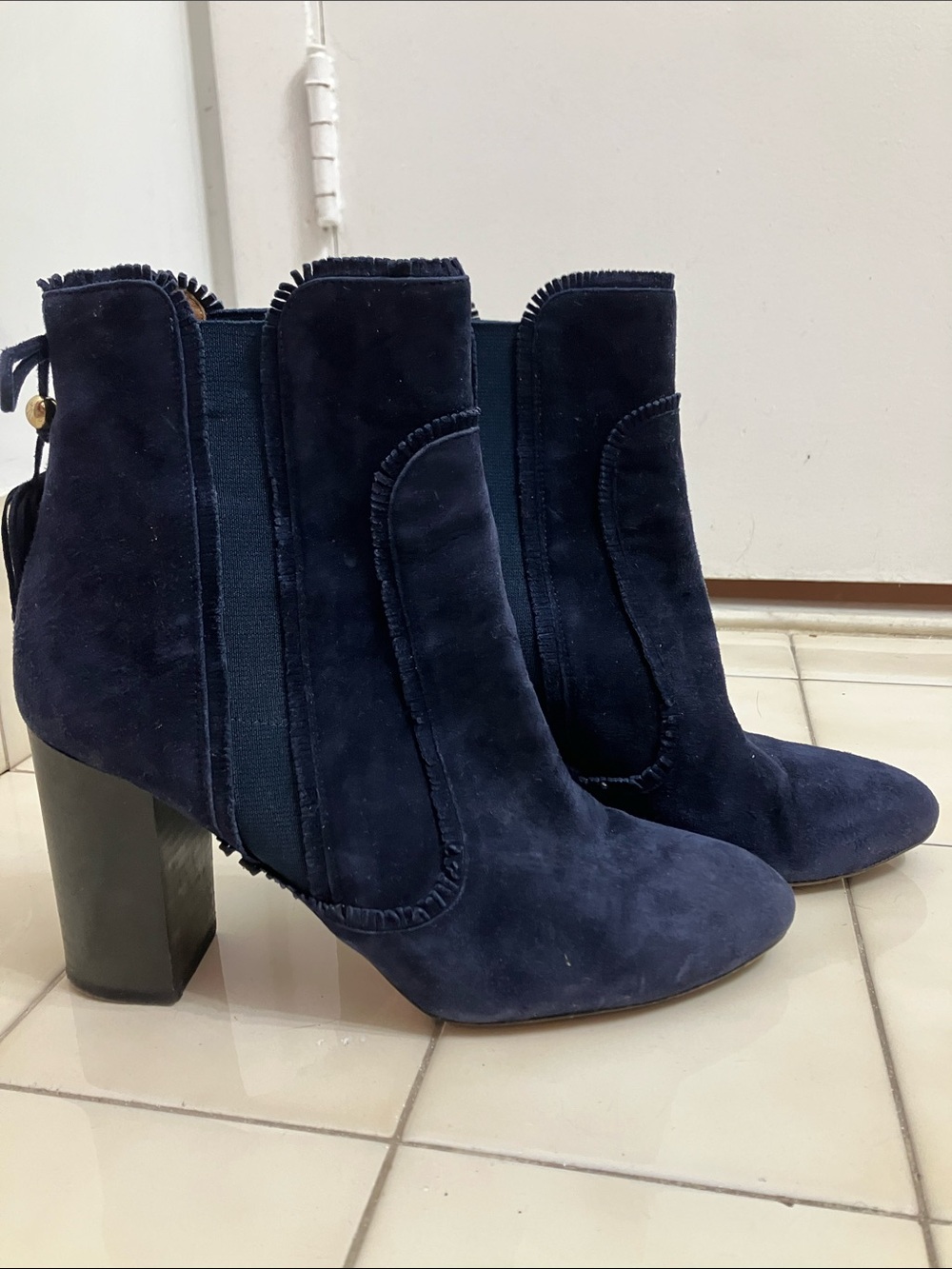 Aquazzura Navy Suede Tassel Chelsea Ankle Boots